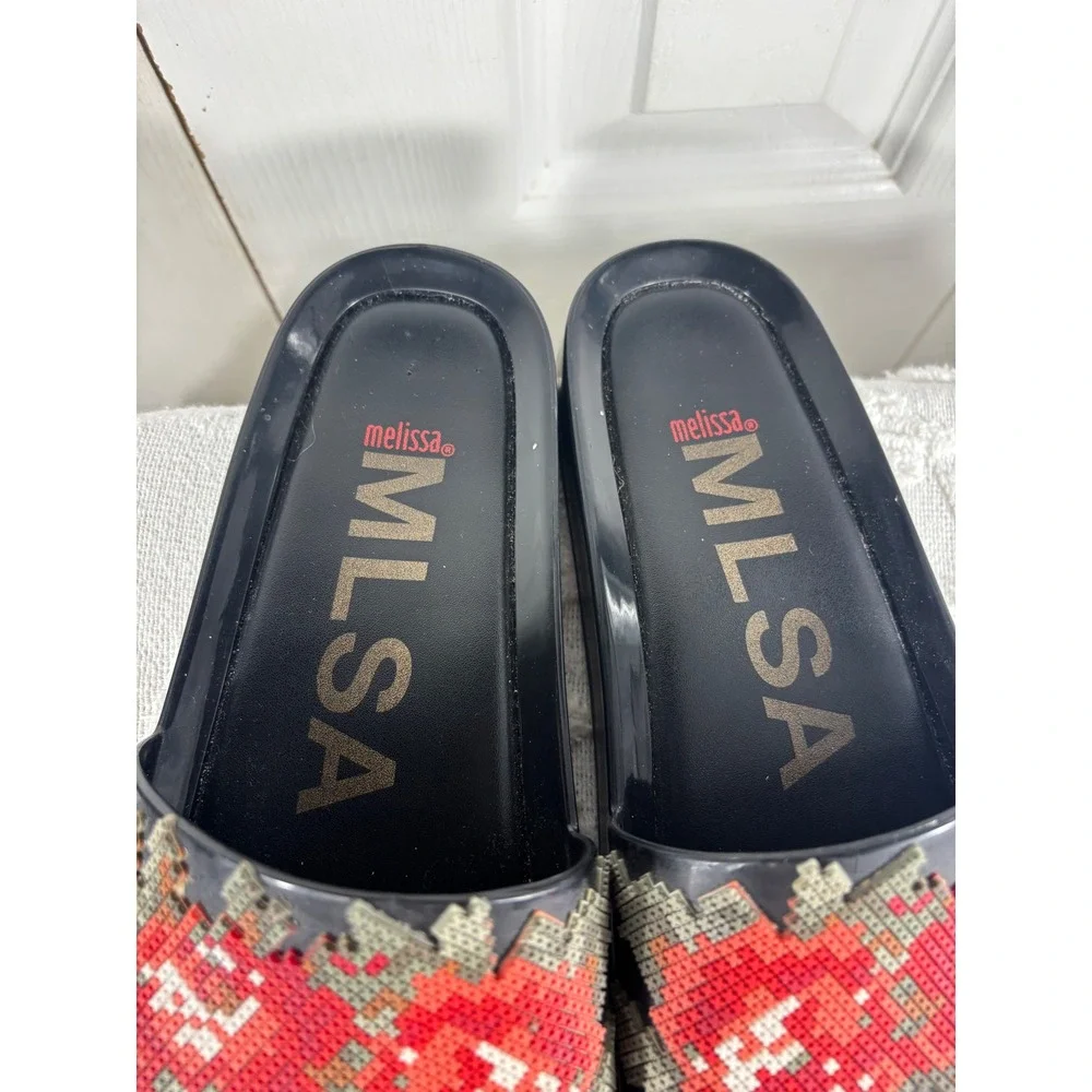 Melissa MLSA Adorn Slide Sandals Black Floral‎ Beaded Embellished Women's 8